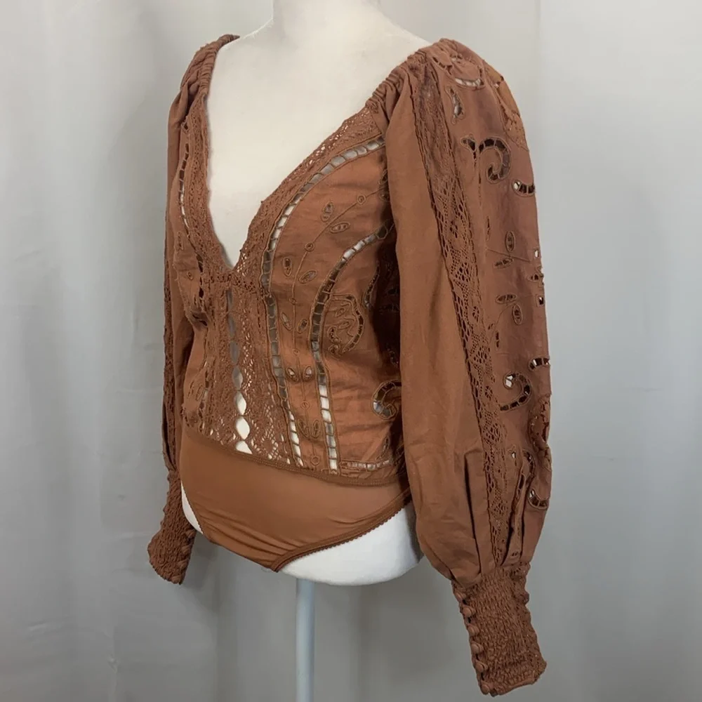 Free People Intimately Regina Brown Eyelet Bodysuit- NWOT